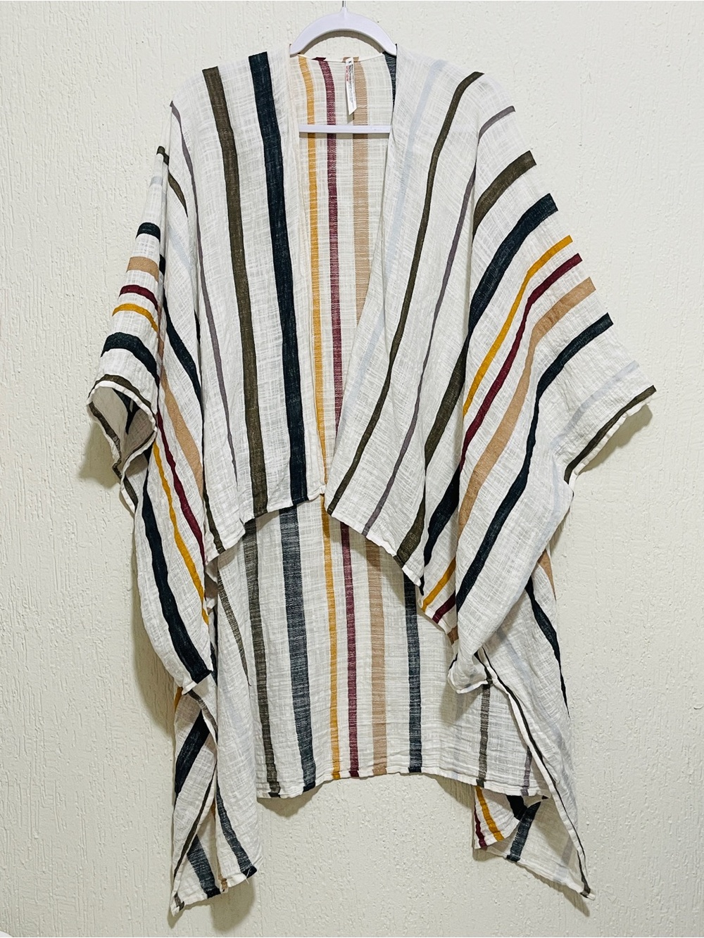 Free People Striped 100% Cotton Gauze Kimono Ruana Open Front Boho Cover Up - Picture 2 of 9